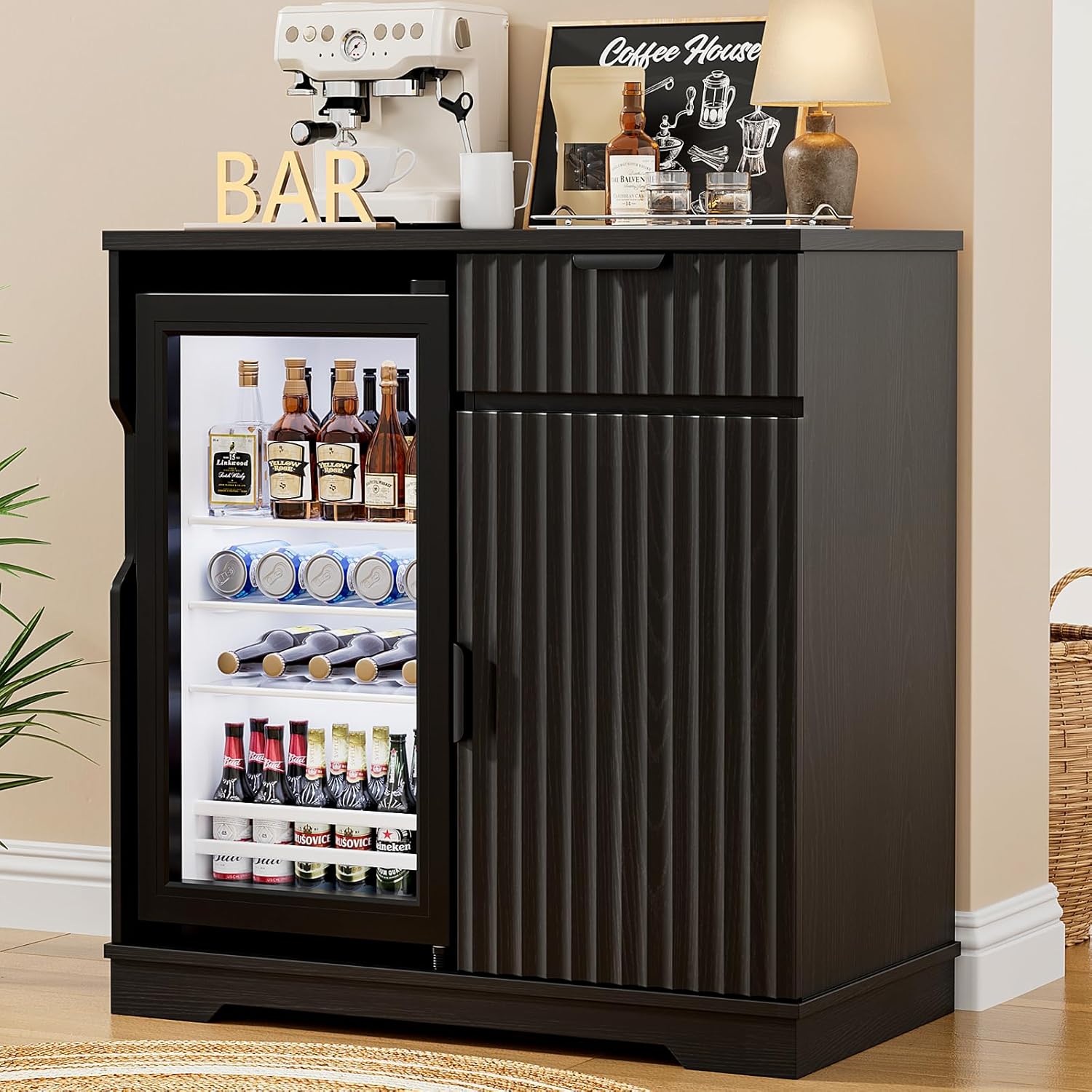 Home Bar And Cabinet - Gerillter Kaffeebar-Schrank mit Mini-Kühlschrank und Ausziehschublade,