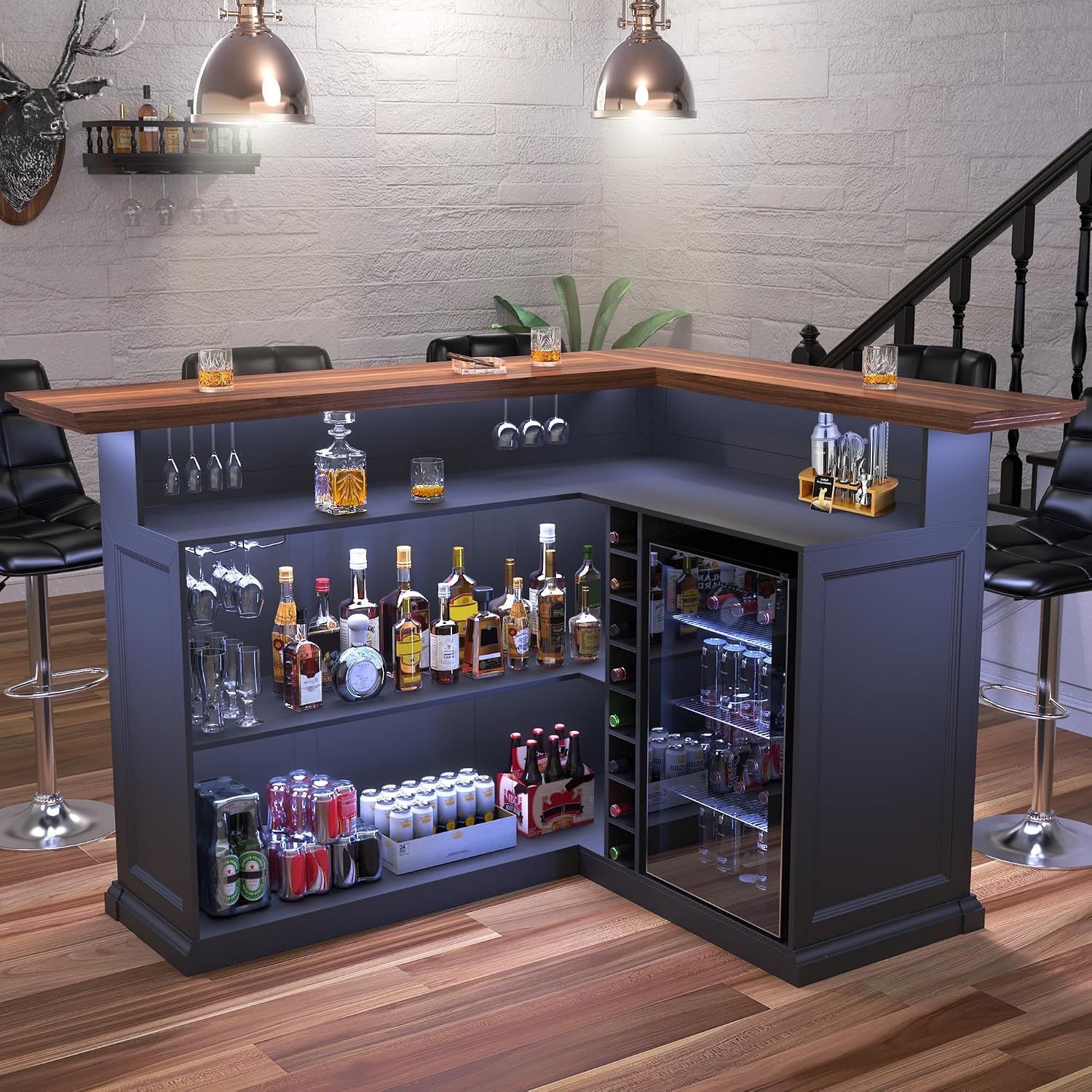 Home Bar And Cabinet - L-förmiger Hausbarschrank mit Kühlschrankfach, Übergroßer Kellerbar